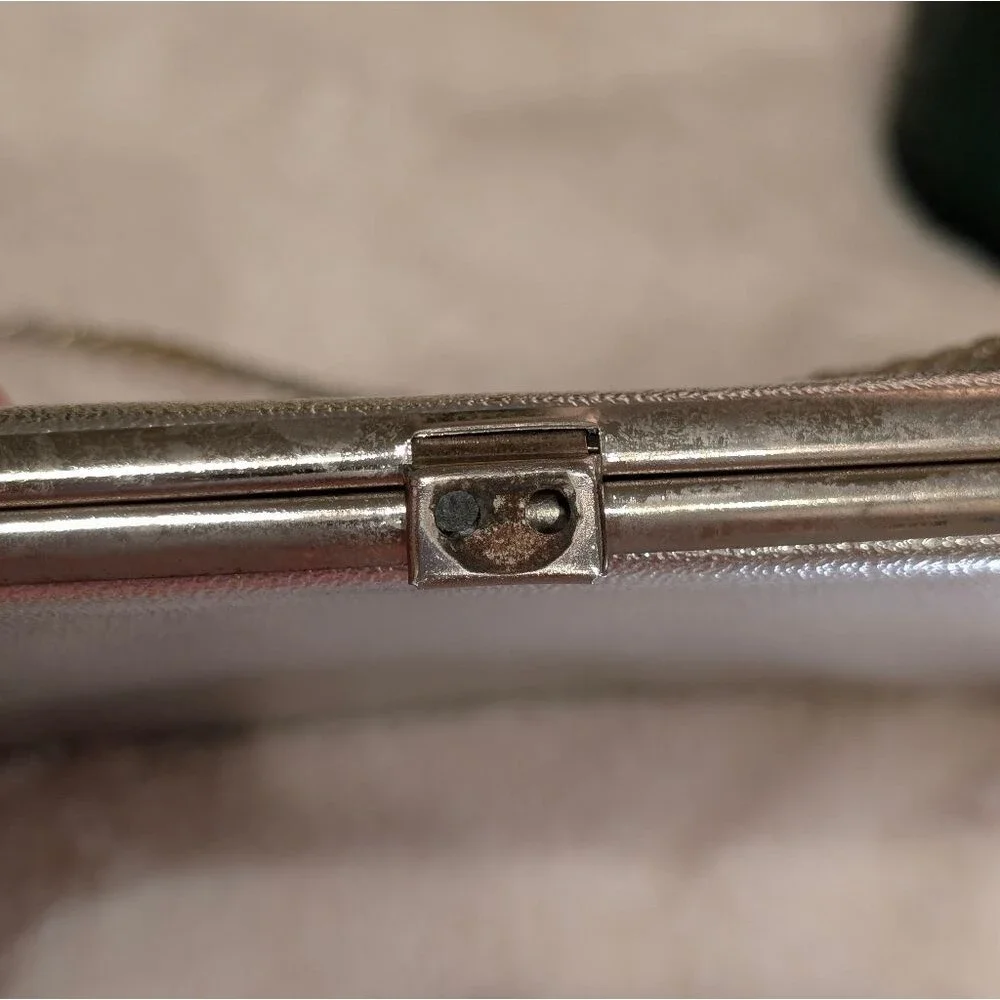 Vintage Silver Metallic Evening Bag Convertible Clutch Rhinestone Kiss Lock